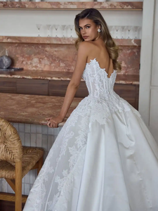 LY-WD1242 Abito <span class=keywords><strong>da</strong></span> <span class=keywords><strong>Sposa</strong></span> a Linea A in Raso, Vestito <span class=keywords><strong>da</strong></span> Cerimonia con Vita Basca, Corsetto <span class=keywords><strong>Sexy</strong></span> con Spacco sulla Gamba, Senza Maniche, Servizio OEM - Product Image 3