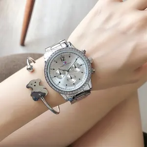 Geneva Luxury Brand Women's Diamond Chronograph Watch with Steel Band Business Cartoon Item Manufactured Watch