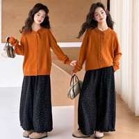 Ensemble décontracté pour filles, 2 pièces, tenue d'automne, cardigan en tricot orange, pantalon large à fleurs noires