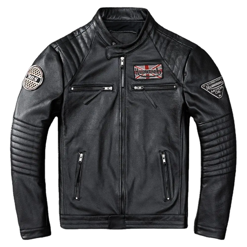 Hot Sale Custom Motorcycle Black Real Leather Bomber Jackets Genuine Leather Jacket Men
