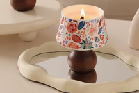 Mini lampe de table en forme de bougie parfumée à la cire de soja, abat-jour en céramique imprimé floral, base en bois massif, lampe de bureau vintage, bougie aromatique