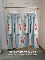 Pantalons en jean déchirés personnalisés, lavage rétro, logo graffiti, trous aux genoux, échantillon gratuit, fournisseur de jeans OEM pour les marques mondiales