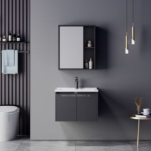 קיר סיטונאי המפעל רכוב קטן עץ לבוד אמבטיה צף היהירות עם אגן קרמיקה ומראה - Product Image 4