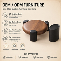 Ensemble de tables basses en forme de galet avec plateau en bois arrondi et trois pieds épais noirs pour salons modernes et organiques