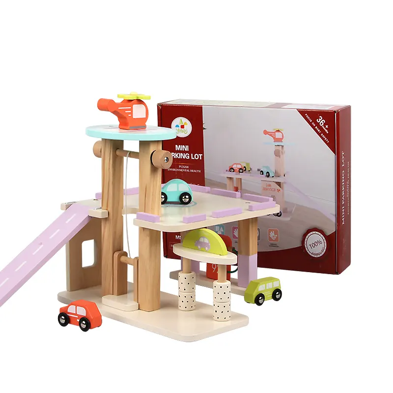 Best sale kids wooden car helicopter toy diy parking lot garage play set toys