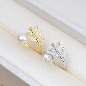 Wenchi S925 Silver Leaf Style <b>Open</b> Mouth <b>Ring</b> Women's Feather DIY Crystal Accessory 8-10 Pearl 30mm Empty Holder Model 16925 - Product Image 2