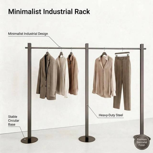Modern Black Stainless Steel Freestanding Commercial Clothing Display Rack with Easy Assembly Powder Coated Finish
