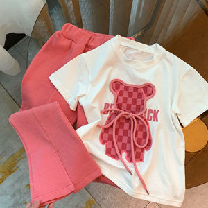 Completo estivo da ragazza in stile coreano, alla moda, due pezzi: T-shirt casual con stampa cartoon e <span class=keywords><strong>pantaloni</strong></span> a trombetta in tessuto pettinato, stile occidentale. - Product Image 6