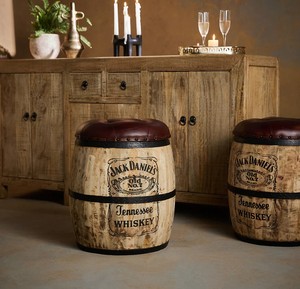 <b>Vintage</b> Leather & Mango Wood Barrel Pouf <b>Stool</b> - Product Image 6