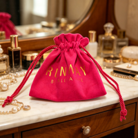 Pochette à bijoux en velours synthétique rose rouge avec cordon de serrage, logo personnalisé, petite taille, pour bracelet