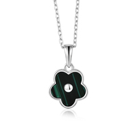 QX CUSTOM Joyería Fina, Collar de Plata de Ley 925 con Baño de Rodio y Malaquita, Colgante de Flor de Trébol de Cinco Hojas para Mujer