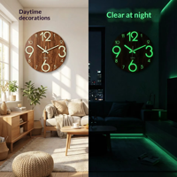 Horloge murale ronde en bois au design simple, mouvement silencieux à quartz lumineux, fonction phosphorescente pour la décoration de la maison, du bureau ou de la cabane