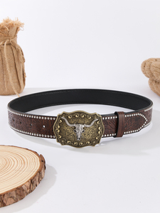 Sabuk Kulit Sapi Model Vintage Kepala Banteng Barat untuk Remaja, Aksesoris Sabuk Jeans Serbaguna, Laris untuk EU, AS, Asia Tenggara - Product Image 4