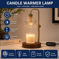 Lampe chauffe-bougie vintage en laiton avec abat-jour en verre côtelé, hauteur réglable, intensité variable, électrique, pour aromathérapie et décoration de table