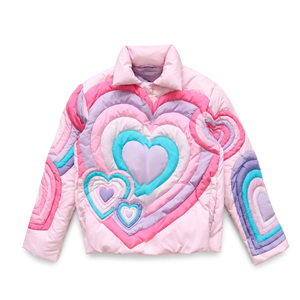 เสื้อแจ็คเก็ตพัฟเฟอร์ลายหัวใจแบบยูนิเซ็กซ์ สีชมพู สีม่วง สีฟ้า แต่งลายปัก สไตล์ลำลอง เสื้อโค้ทฤดูหนาวแบบสั้น คอปกพับได้ - Product Image 1