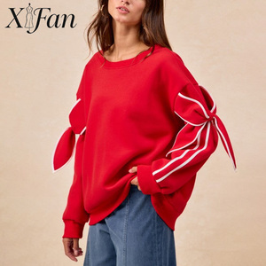 New Arrival Custom Sweet Style <b>Red</b> Bow Tie Drop Shoulder Pullover <b>Shirt</b> Casual <b>Oversized</b> 100% Cotton Crew Neck <b>Shirt</b> for Women - Product Image 1