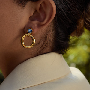 Drop <b>Earrings</b> Gold Tone Circular <b>Blue</b> Zircon Stone Geometric Design <b>Studs</b> - Product Image 3