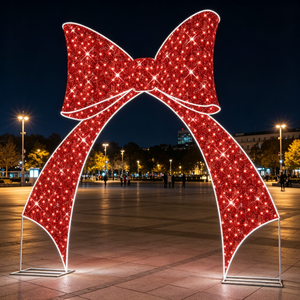 Christmas large <b>red</b> <b>led</b> bow ribbon gold color motif <b>light</b> for wall street holiday outdoor decoration - Product Image 1
