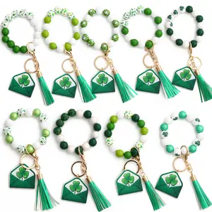 New Envelope Pendant Bangle Keyrings St. Patrick's Festival Wood Beads Bracelet Keychain