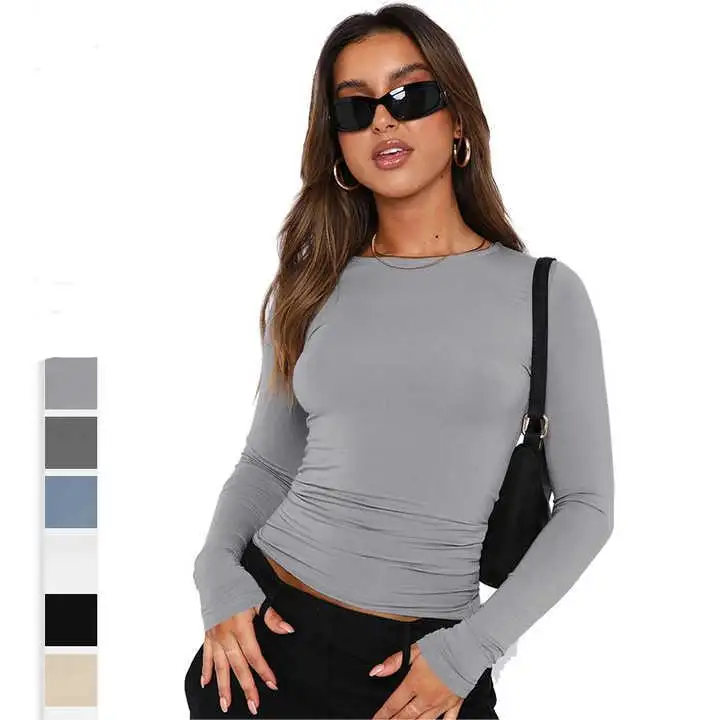 Casual Basic Nylon Slim Fit Long Sleeve T-ShirtsCrew Neck Solid Color Fall Y2K Crop Tops For Women