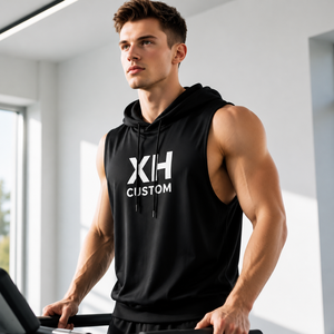 XH CUSTOM Men's Sleeveless Hooded Tank Top O-Neck Quick Dry Sporty Style Front Logo Print Black Knitted Polyester - Product Image 1