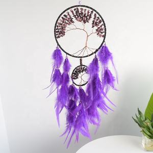 Attrape-rêves bleu rose violet en plumes fait à la main avec arbre de vie en cristal d'améthyste et de quartz rose - Product Image 4