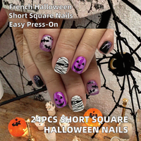 24 faux ongles carrés courts à presser pour Halloween, motif chauve-souris, toile d'araignée et citrouille