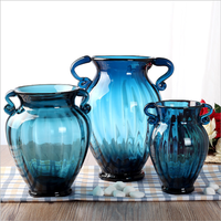 Vase de table en verre bleu floral nordique moderne et créatif, de luxe, à deux poignées, pour la décoration intérieure, les mariages, les fêtes, le bureau, petit vase hydroponique
