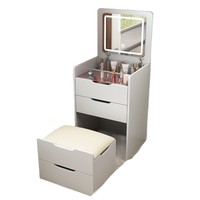 Table de toilette compacte moderne avec rangement rabattable, commode à tiroirs pour petite chambre, tabouret intégré et mini table de chevet