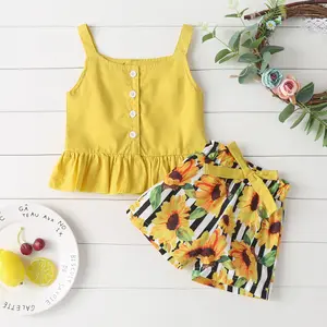 Bé Cô Gái Hướng Dương In Quần Áo Thiết Lập Bình Thường Sling Tops T-Shirt Vest Hướng Dương Quần Short 2Pcs Trang Phục Quần Áo Em Bé Bông