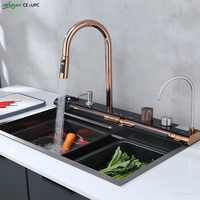 Robinet de cuisine mural intelligent à touches LED, ensemble complet avec rince-gobelet cascade en acier inoxydable SUS304, garantie 5 ans