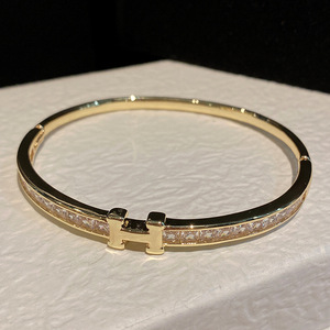 H Luxury Fashion Minimalist Square Diamond Letter 18K Gold Bangle Colorfast <b>Copper</b> With Zircon Inlay Women's Jewelry - Product Image 4