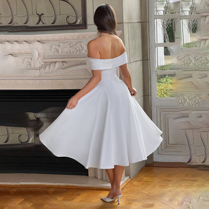 Vestido de Novia Midi con Hombros Descubiertos, Sin Tirantes, Corte en A, Color Sólido, Cintura Natural, Espalda Descubierta, Diseño Sencillo - Product Image 3