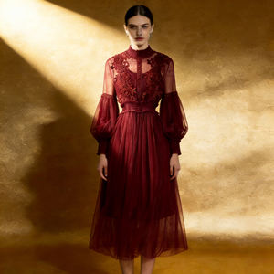 2026 Customizable Lavender Mesh Dress with Floral Lace Women's Elegant High Neck Long Sleeve Cocktail Party Dress - Product Image 1