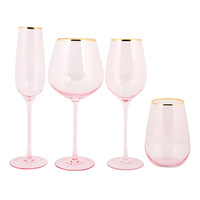 Grosir mewah menghias pernikahan sampanye seruling kacamata Rose Pink Piala Set 4 kristal kaca anggur dengan emas Rim