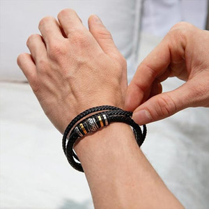 Men's Three Layer Braided <b>Leather</b> <b>Bracelet</b> With Laser Marking Gift For Grandson - Product Image 3