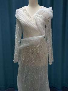 Prix usine 2025 nouvelle robe de soirée en perles de luxe élégante à la main plissée fente Sexy dentelle mariage - Product Image 6