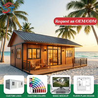 Cabane préfabriquée de plage personnalisée avec revêtement en bois, petite maison avec porche avant pour location Airbnb en bord de mer