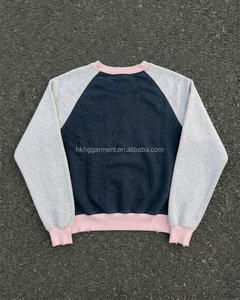 Vintage Raglan Sleeve <b>Sweatshirt</b> Men's <b>Retro</b> Color Block Distressed Pullover Grunge Frayed Hem Crew neck Oversized <b>Sweatshirt</b> - Product Image 2