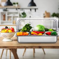 Présentoir de Comptoir pour Condiments d'Hôtel avec Couvercle Roulant, 6 Bacs en Acier Inoxydable, Conteneur de Service Alimentaire