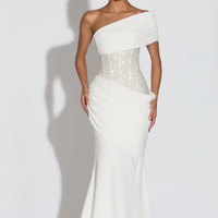 Robe de soirée longue sirène blanche haut de gamme SB3946, style léger et luxueux, asymétrique à une épaule, ornée de paillettes, en polyester élastique