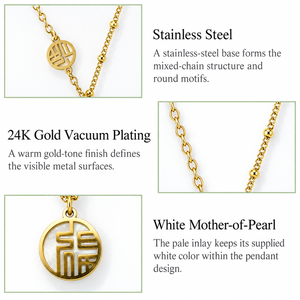 Collier pendentif en alliage plaqué or avec breloque en caractère chinois Fu, chaîne à perles, style classique unisexe, à porter au quotidien - Product Image 2
