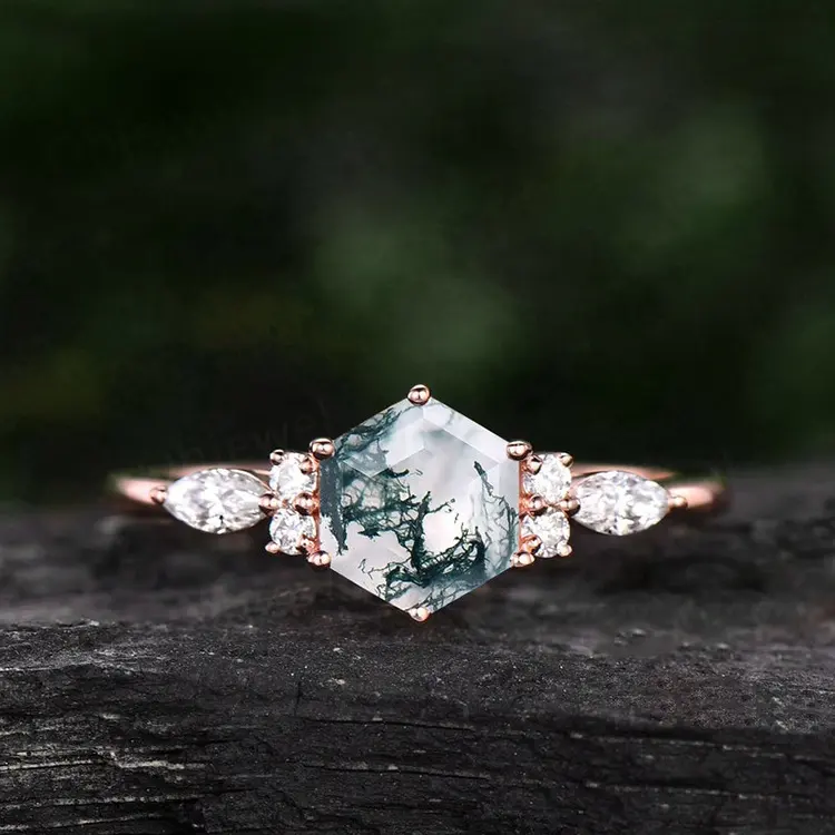 Custom Moss Agate Ring Rose Gold Plating Vintage Sterling Silver Wedding Engagement Bride Unique Gift Fine Jewelry