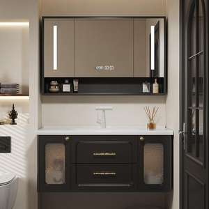 French style luxury solid wood floor standing bathroom cabinet, ceramic integrated basin bathroom <b>mirror</b> cabinet - Product Image 1