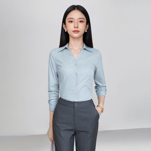 Women's Long Sleeve Shirt Light Blue Solid Color No-Wrinkle Polyester Workwear Comfortable Office Uniform - Product Image 1