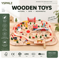 Ensemble de train électrique en bois avec pont, gare, véhicules, panneaux routiers et accessoires de ville pour enfants de 5 à 7 ans