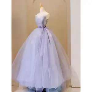 Fait sur mesure A-ligne Tulle à plusieurs niveaux violet hors épaule robe de mariée avec ceinture sans manches robes de soirée pour les femmes