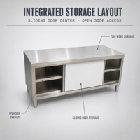 Table de travail de cuisine en acier inoxydable commercial avec armoire à porte coulissante et étagères ouvertes, table de préparation et de rangement pour restaurant