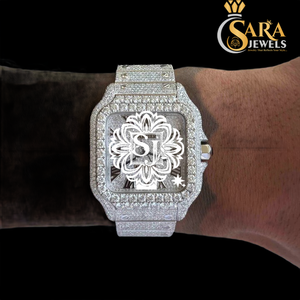 Venta caliente de acero inoxidable VVS Lab Grown Black Face Studded Diamond Watch Half Iced Out Lab Grown Relojes disponibles al mejor precio - Product Image 1