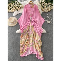 Gaun Maxi Cetak Bunga Musim Panas Baru 2026 Grosir, Gaya Chic Prancis, Ikat Pinggang Tinggi, Elegan, Biru, Gaun Resort dengan Hiasan Rhinestone